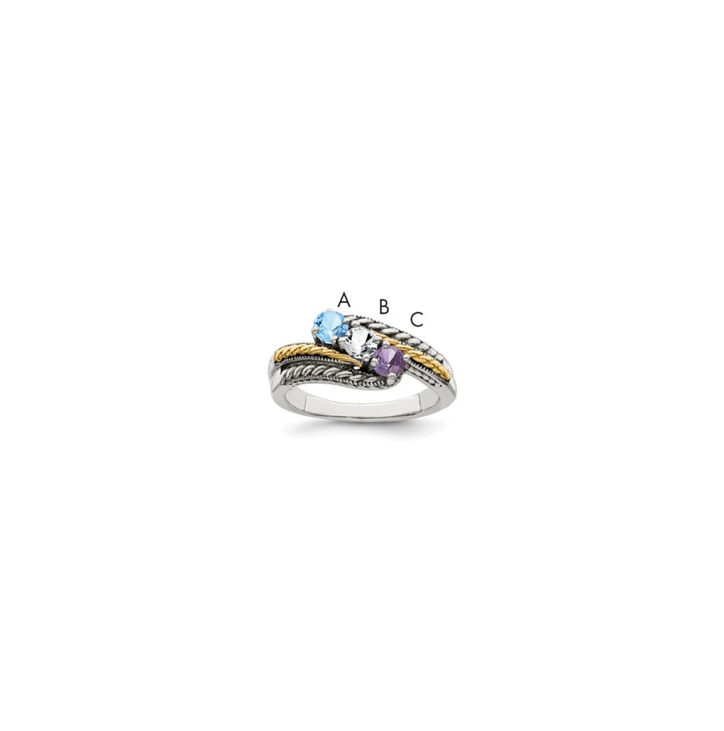 Sterling Silver Antiqued with 14k 3stone Mothers Ring, Size 10