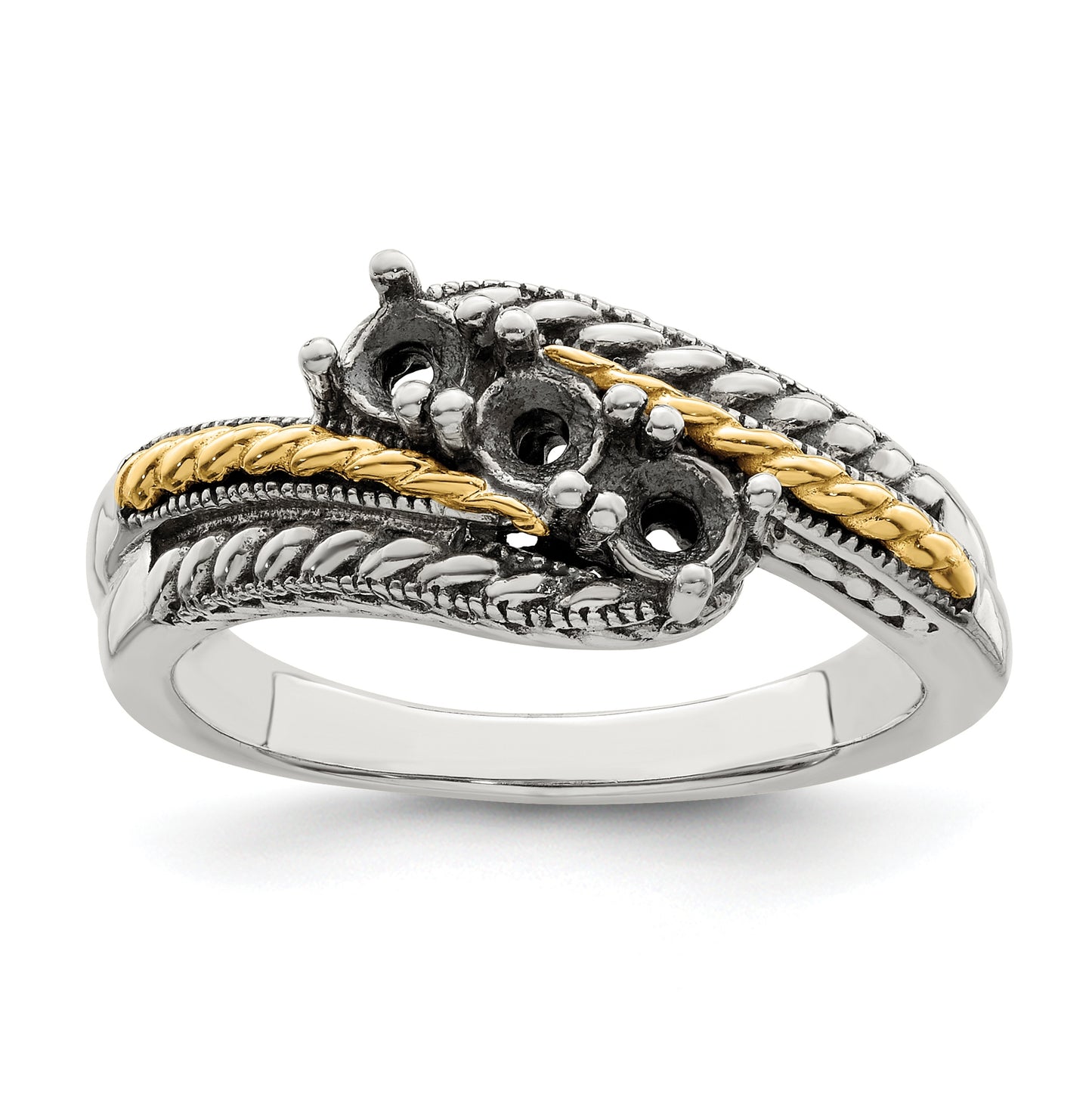 Sterling Silver Antiqued with 14k 3stone Mothers Ring, Size 8