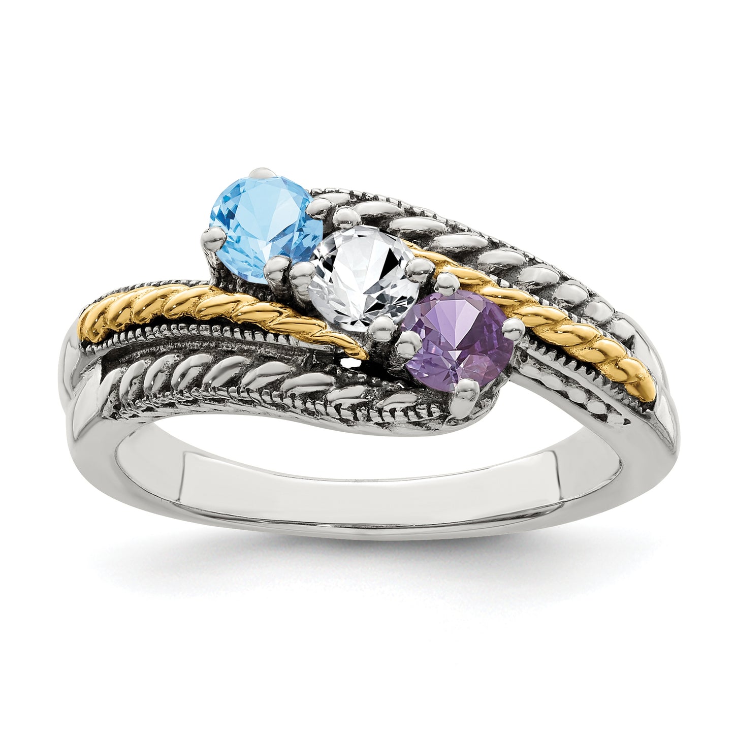 Sterling Silver Antiqued with 14k 3stone Mothers Ring, Size 9