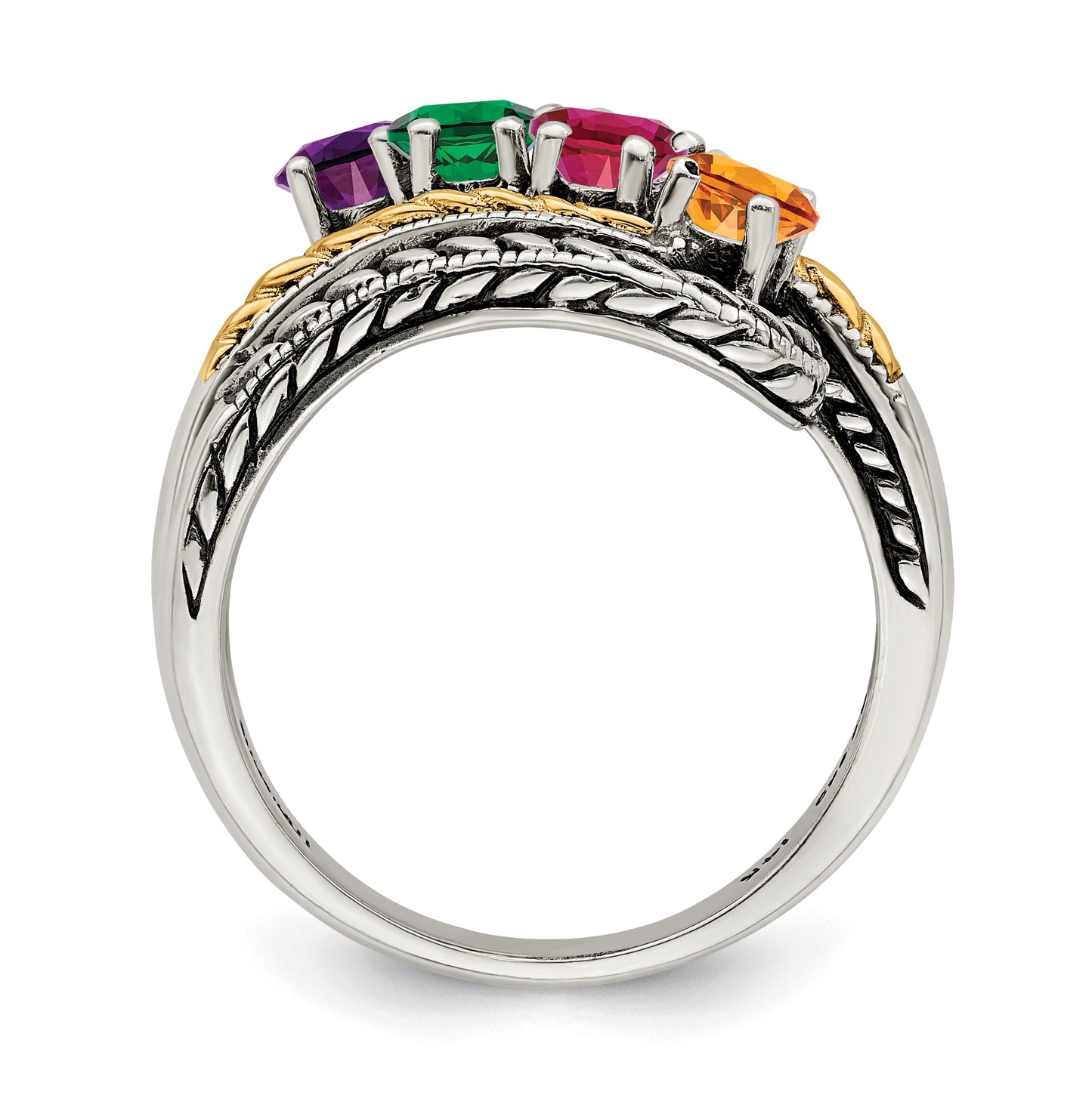 Sterling Silver Antiqued with 14k 4stone Mother's Ring, Size 9