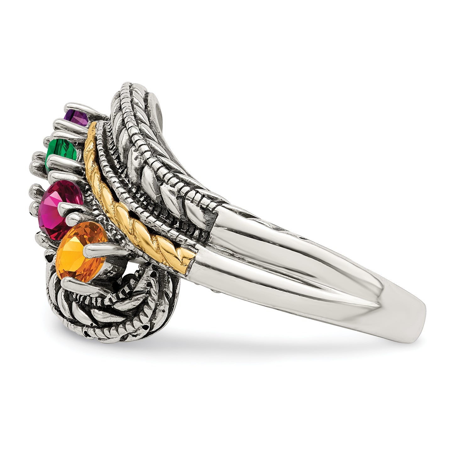 Sterling Silver Antiqued with 14k 4stone Mother's Ring, Size 6