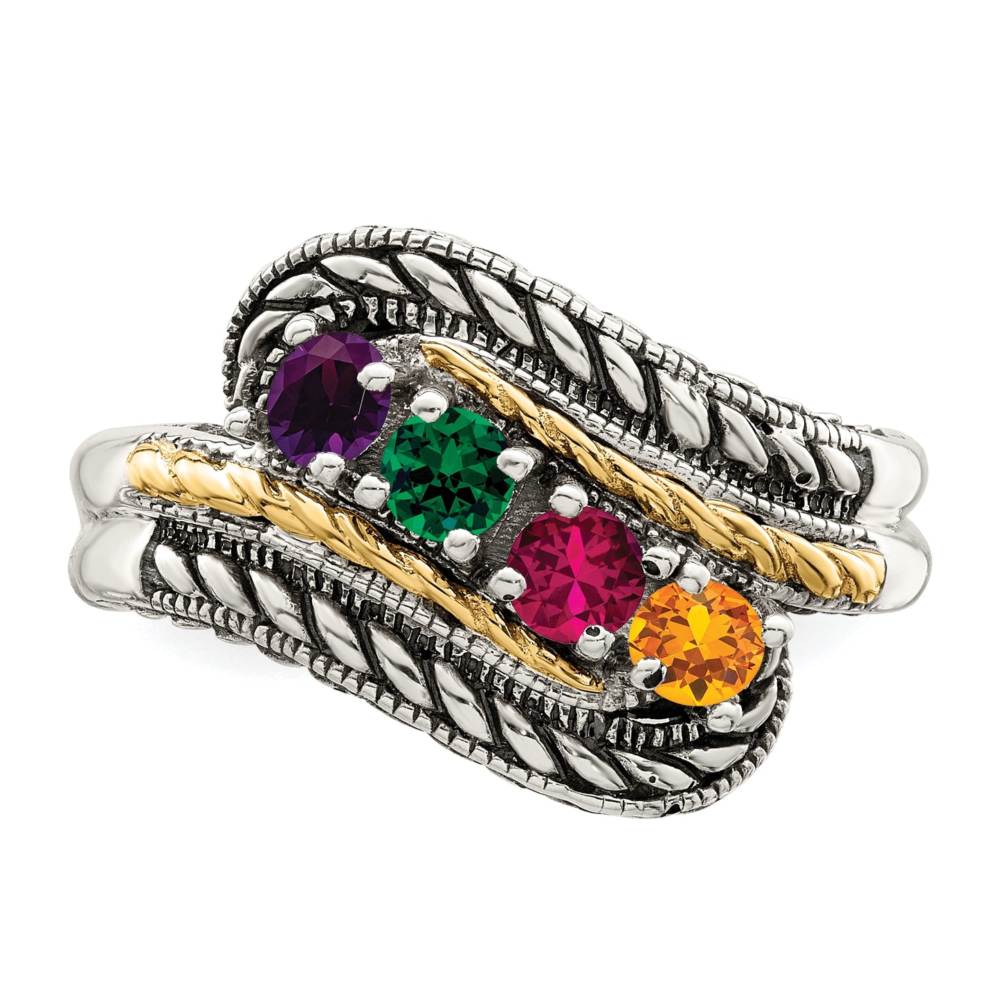 Sterling Silver Antiqued with 14k 4stone Mother's Ring, Size 6