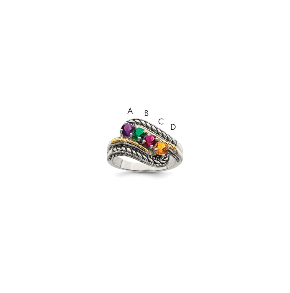 Sterling Silver Antiqued with 14k 4stone Mother's Ring, Size 9
