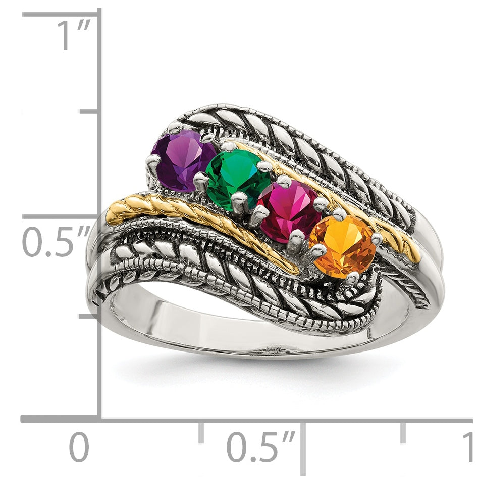 Sterling Silver Antiqued with 14k 4stone Mother's Ring, Size 5