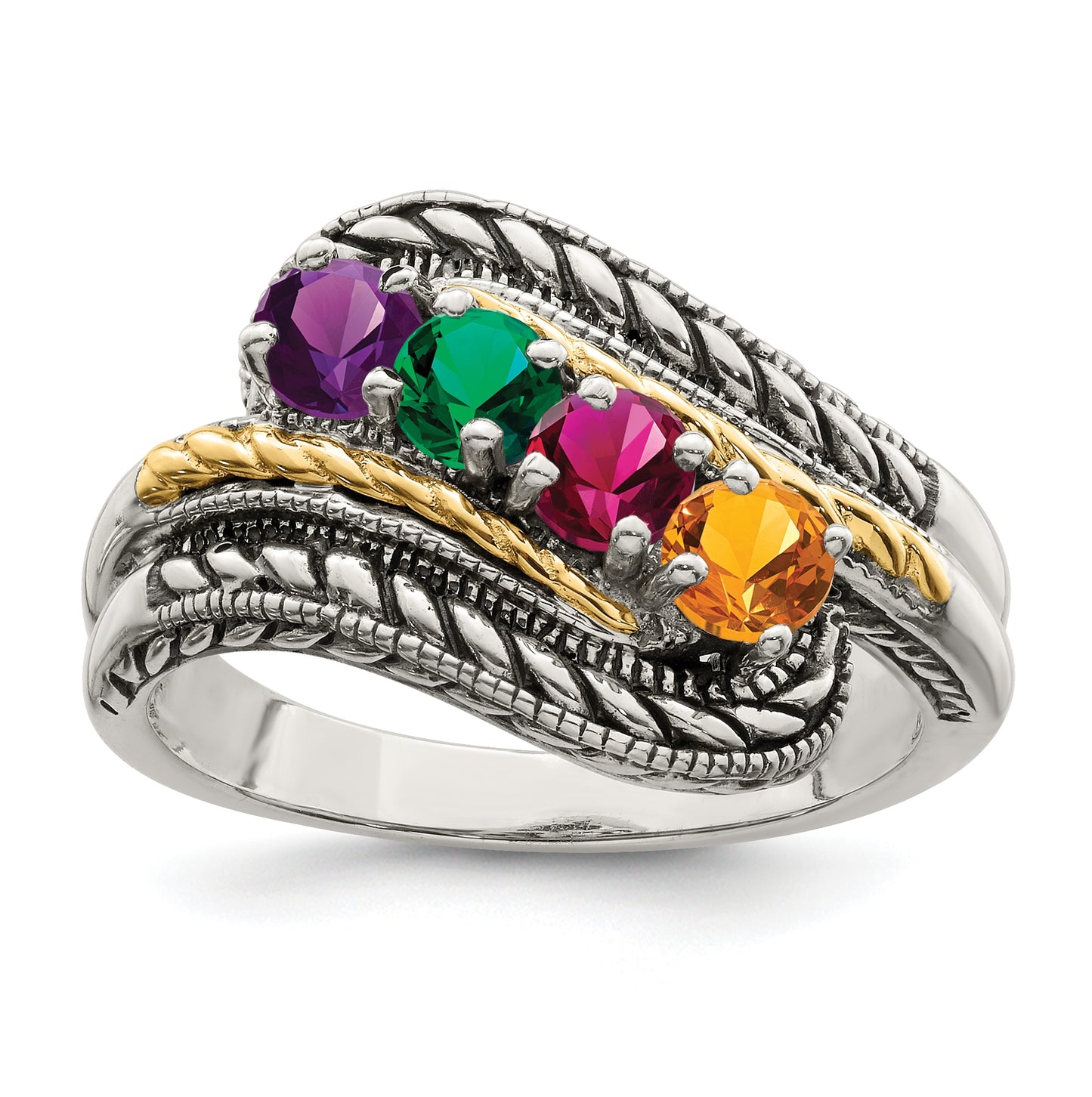 Sterling Silver Antiqued with 14k 4stone Mother's Ring, Size 5