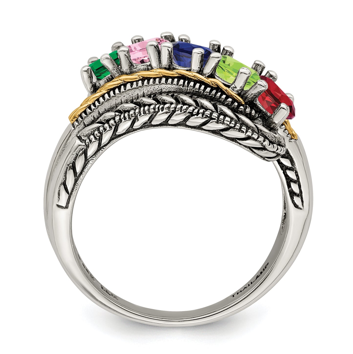 Sterling Silver Antiqued with 14k 5stone Mother's Ring, Size 7