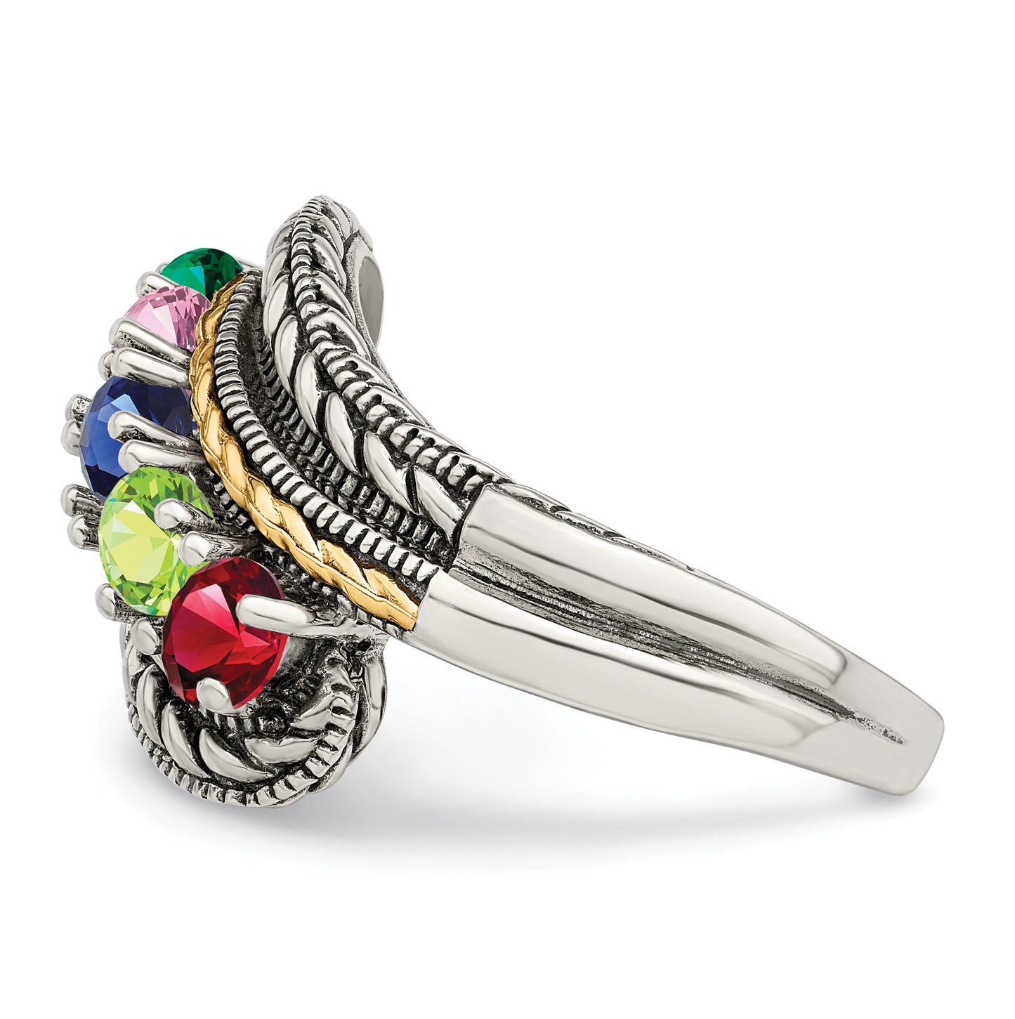 Sterling Silver Antiqued with 14k 5stone Mother's Ring, Size 9