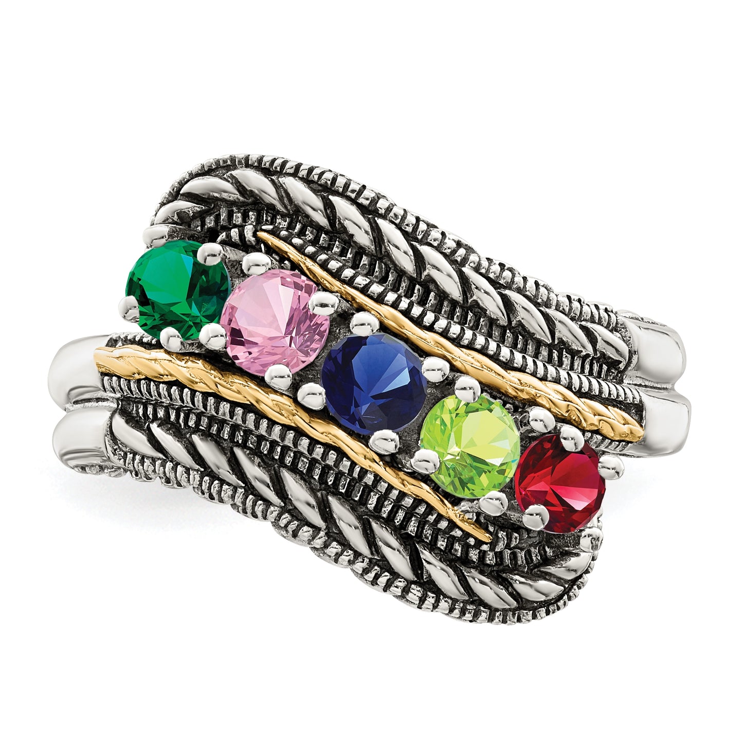 Sterling Silver Antiqued with 14k 5stone Mother's Ring, Size 7