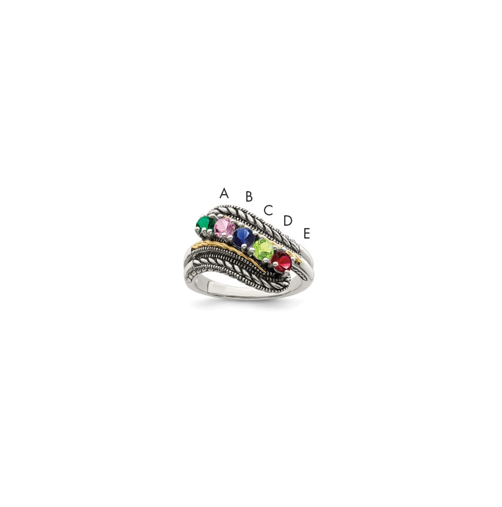 Sterling Silver Antiqued with 14k 5stone Mother's Ring, Size 7