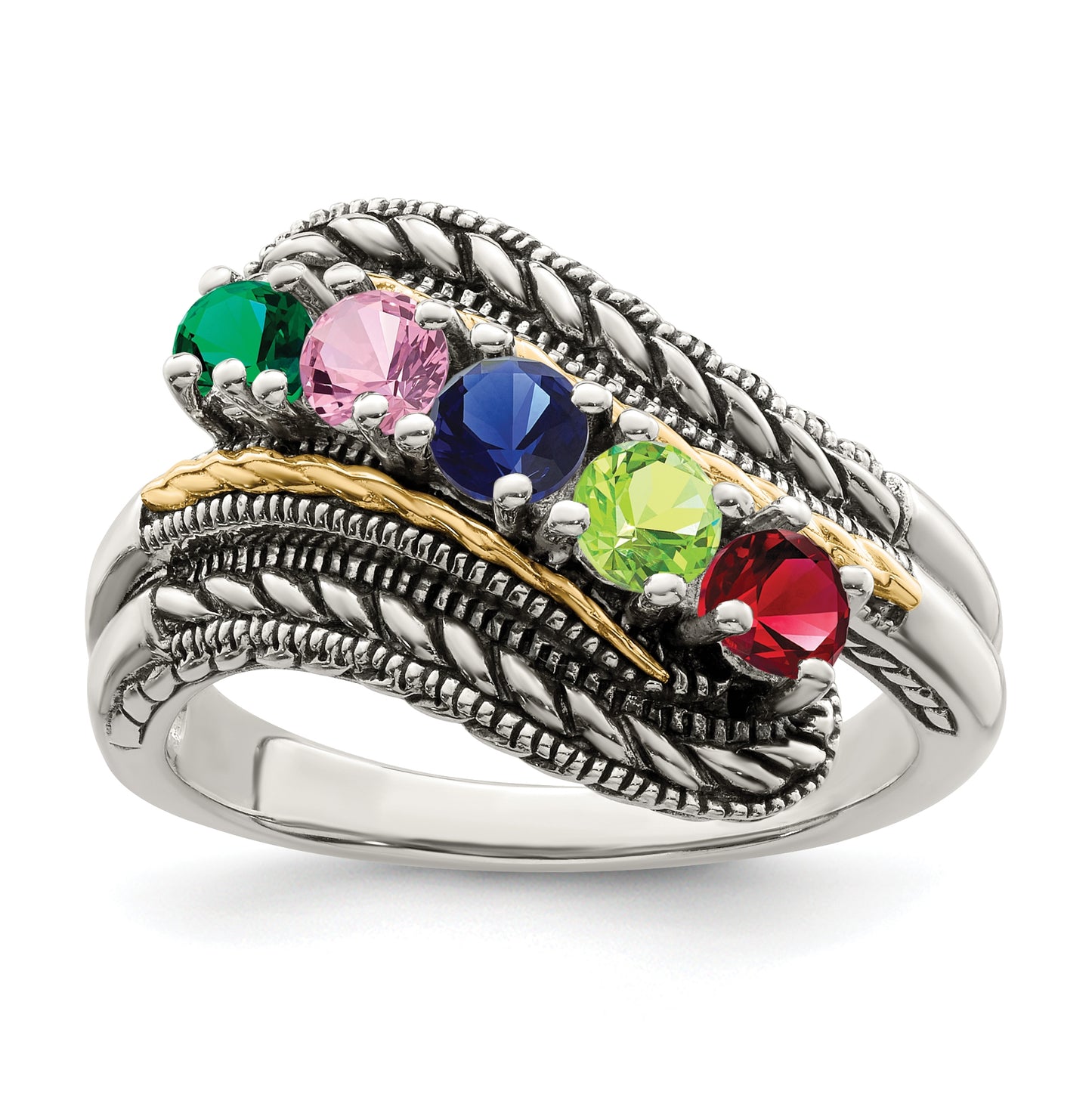 Sterling Silver Antiqued with 14k 5stone Mother's Ring, Size 10