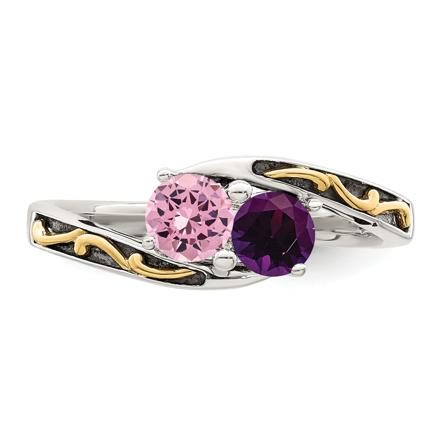 Sterling Silver Antiqued with 14k 2-stone Mother's Ring, Sz 5