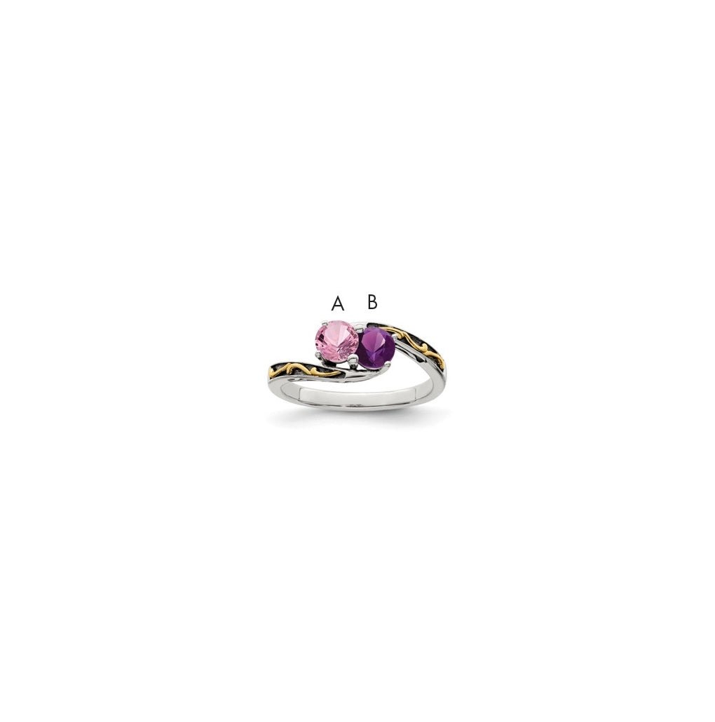 Sterling Silver Antiqued with 14k 2-stone Mother's Ring, Sz 5