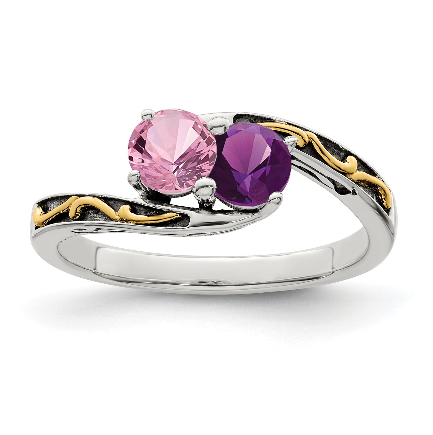 Sterling Silver Antiqued with 14k 2-stone Mother's Ring, Sz 8