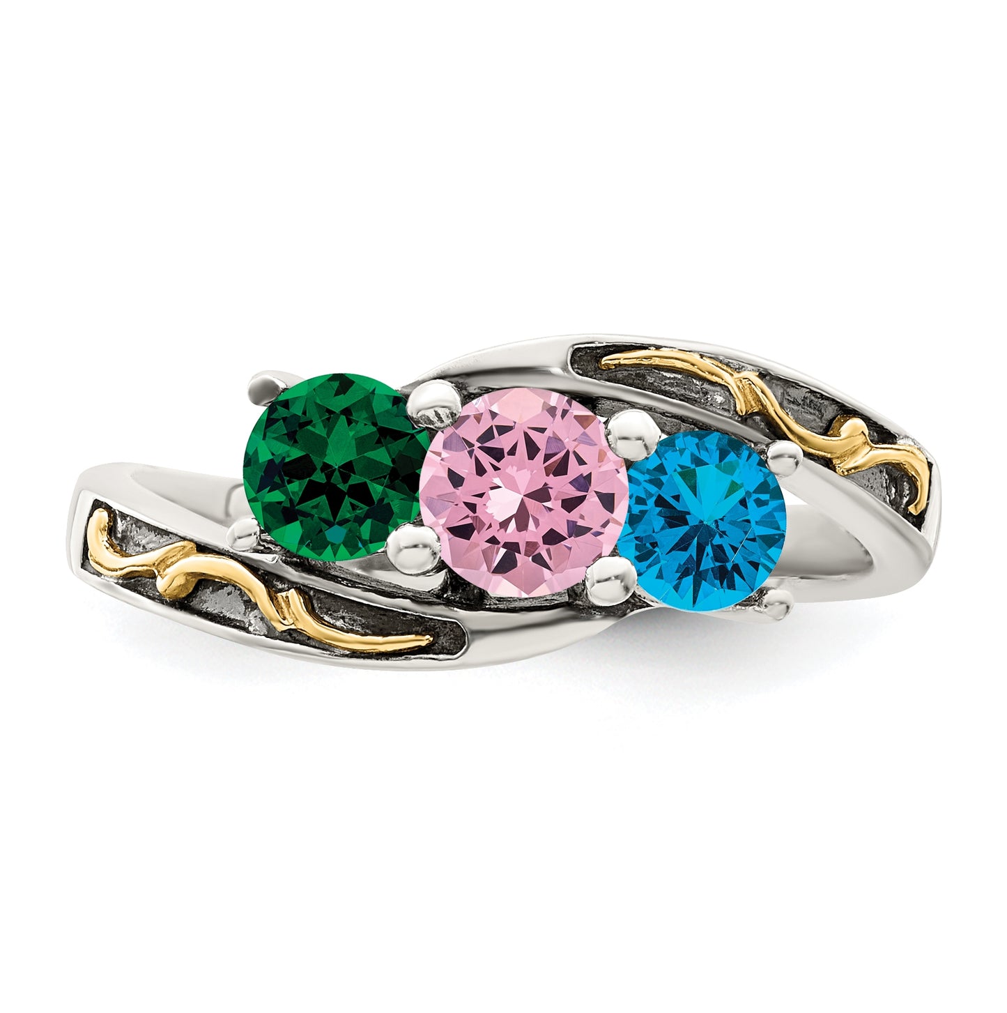 Sterling Silver Antiqued with 14k 3-stone Mother's Ring, Sz 10