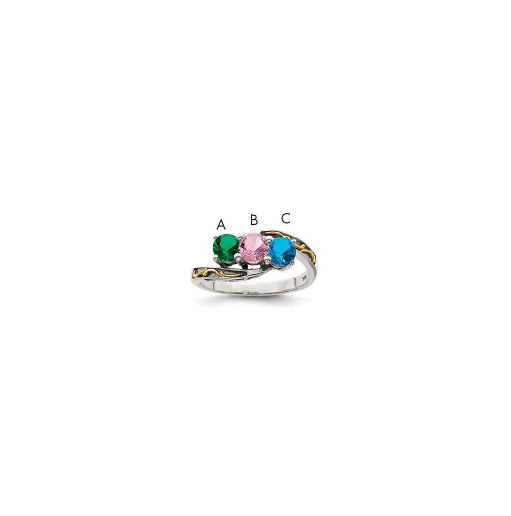 Sterling Silver Antiqued with 14k 3-stone Mother's Ring, Sz 8