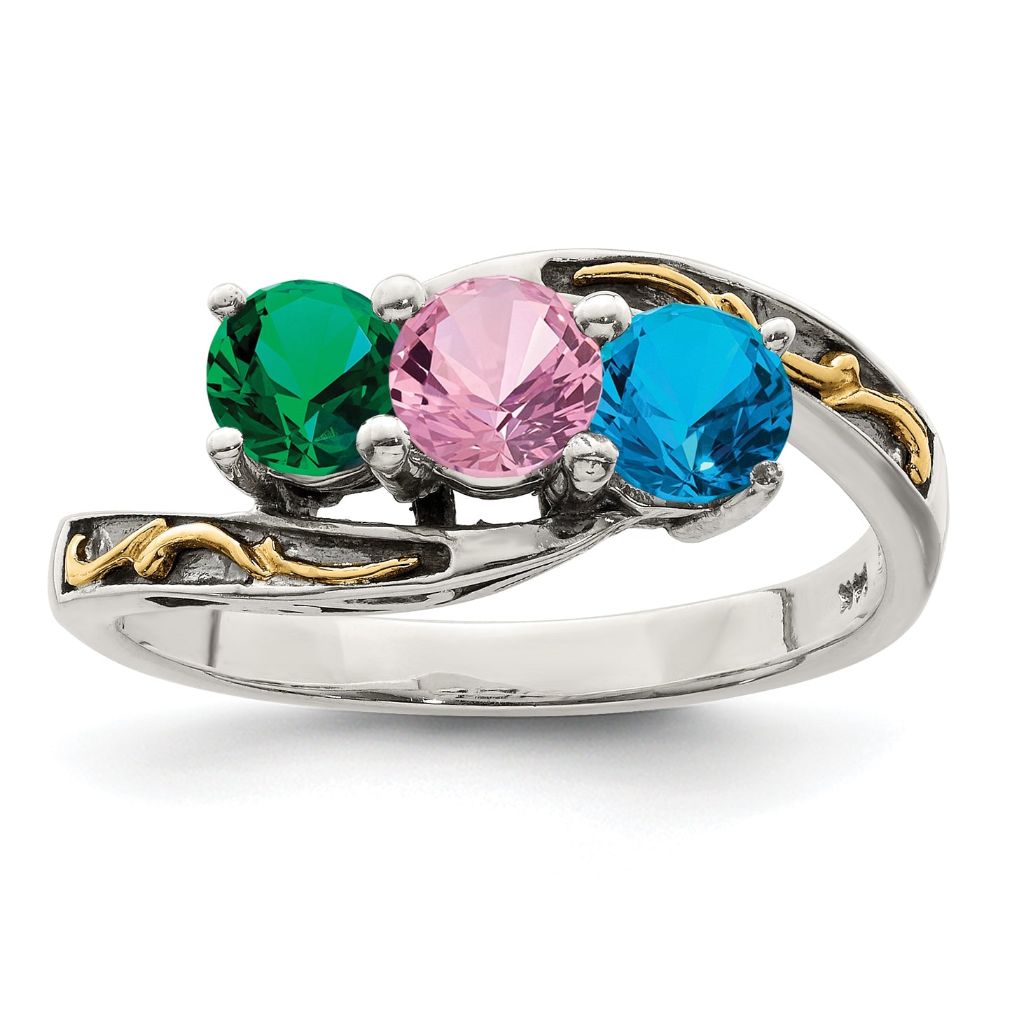 Sterling Silver Antiqued with 14k 3-stone Mother's Ring, Sz 9