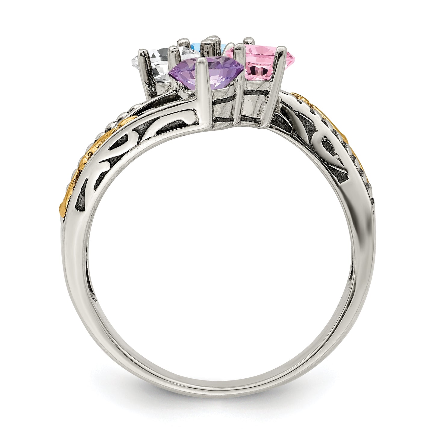 Sterling Silver Antiqued with 14k 4stone Mothers Ring, Size 6