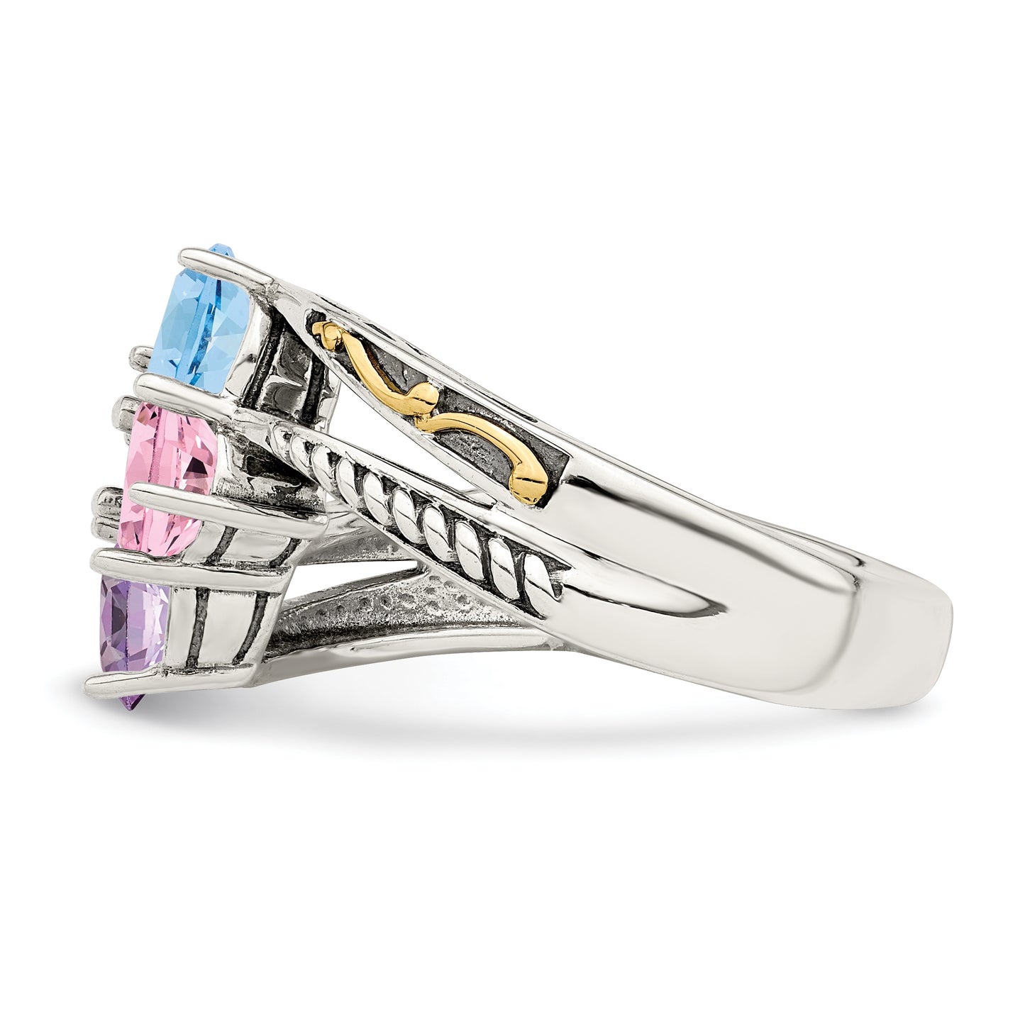 Sterling Silver Antiqued with 14k 4stone Mothers Ring, Size 5