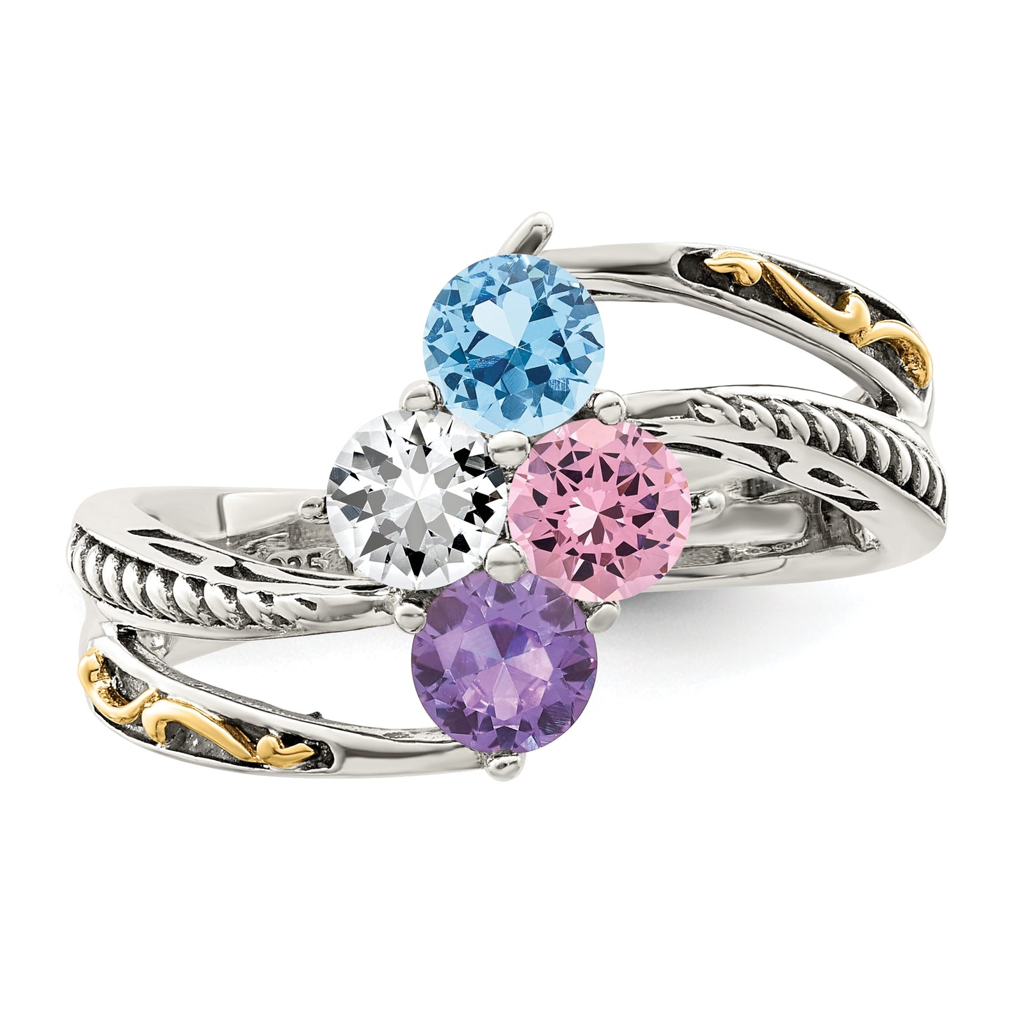 Sterling Silver Antiqued with 14k 4stone Mothers Ring, Size 9
