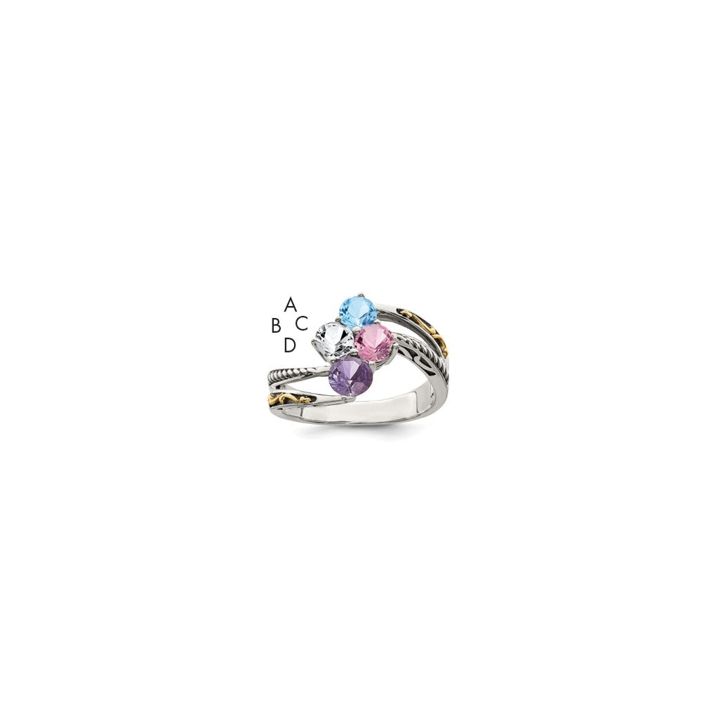 Sterling Silver Antiqued with 14k 4stone Mothers Ring, Size 6
