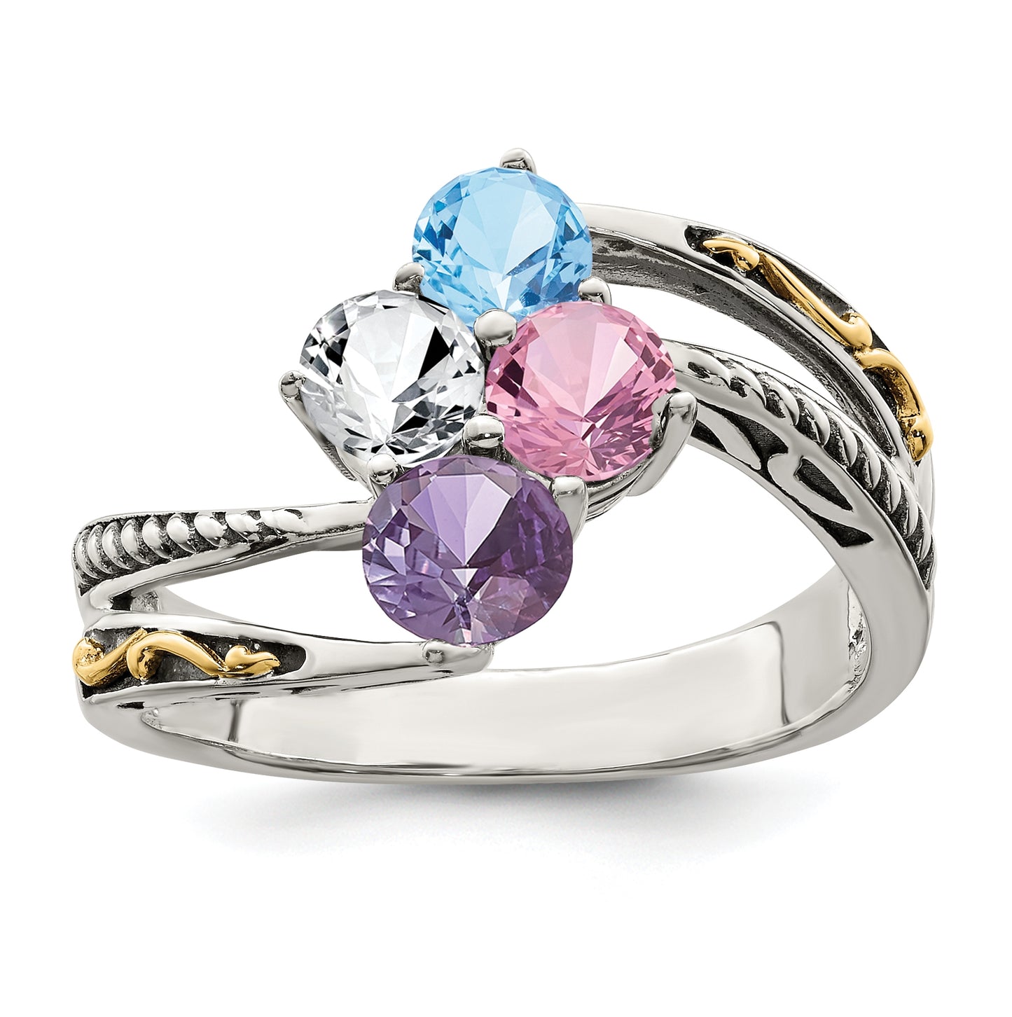 Sterling Silver Antiqued with 14k 4stone Mothers Ring, Size 8