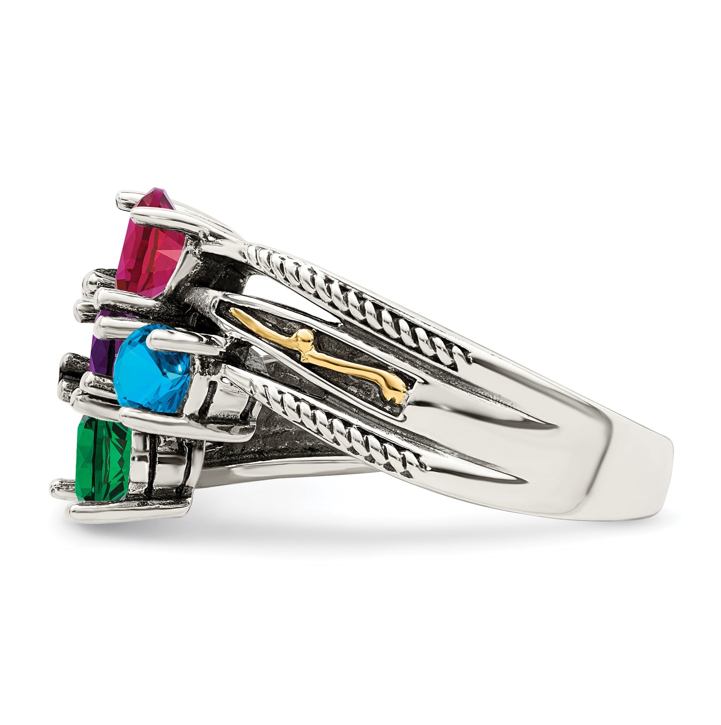 Sterling Silver Antiqued with 14k 5stone Mothers Ring, Size 9