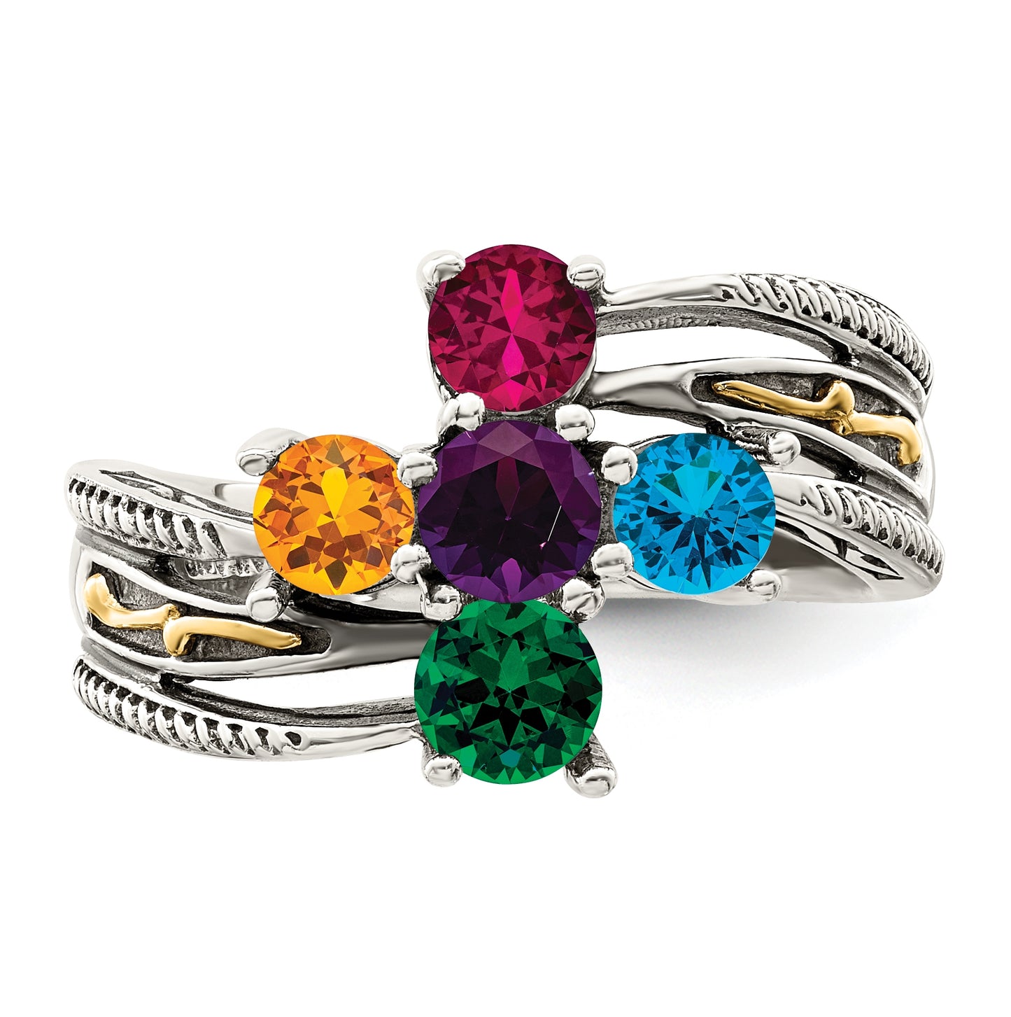 Sterling Silver Antiqued with 14k 5stone Mothers Ring, Size 6