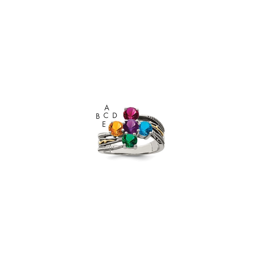 Sterling Silver Antiqued with 14k 5stone Mothers Ring, Size 9