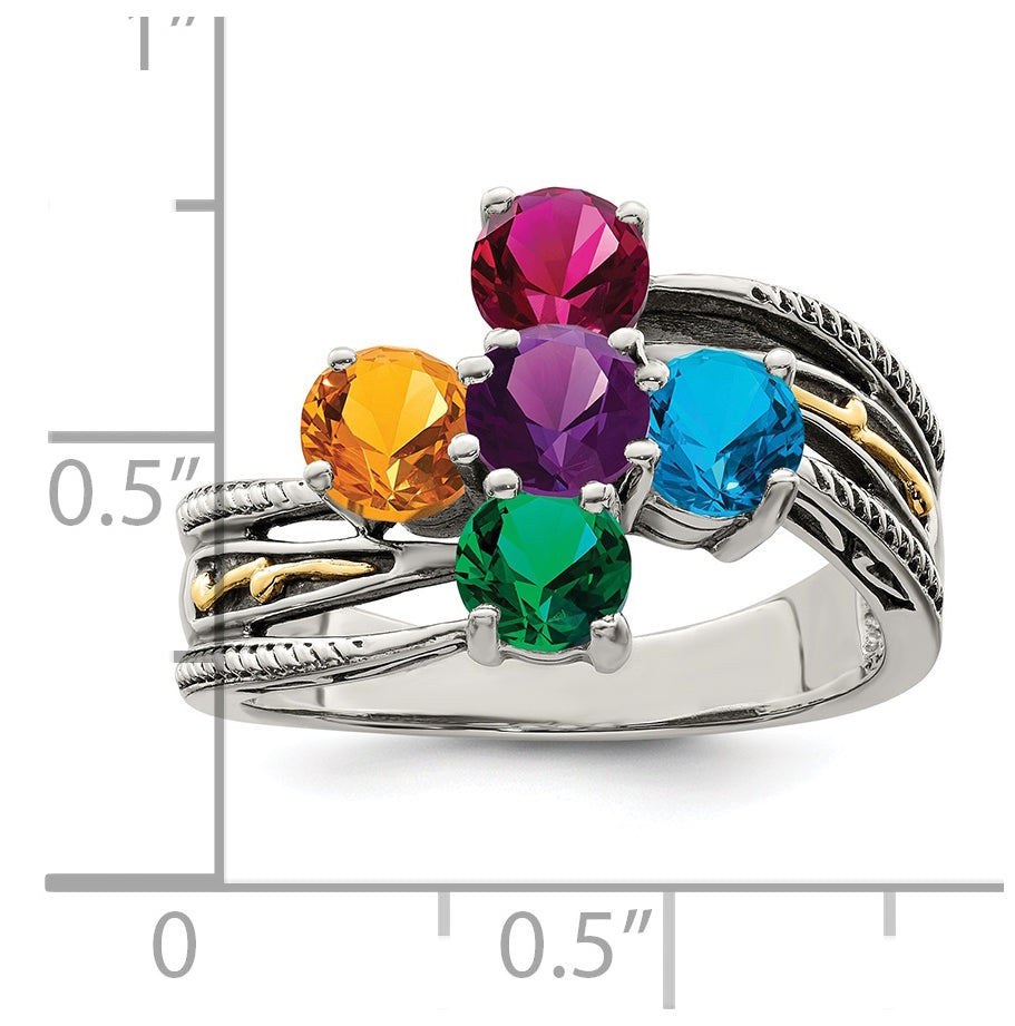 Sterling Silver Antiqued with 14k 5stone Mothers Ring, Size 5
