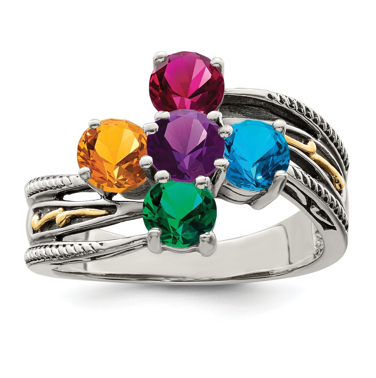 Sterling Silver Antiqued with 14k 5stone Mothers Ring, Size 9