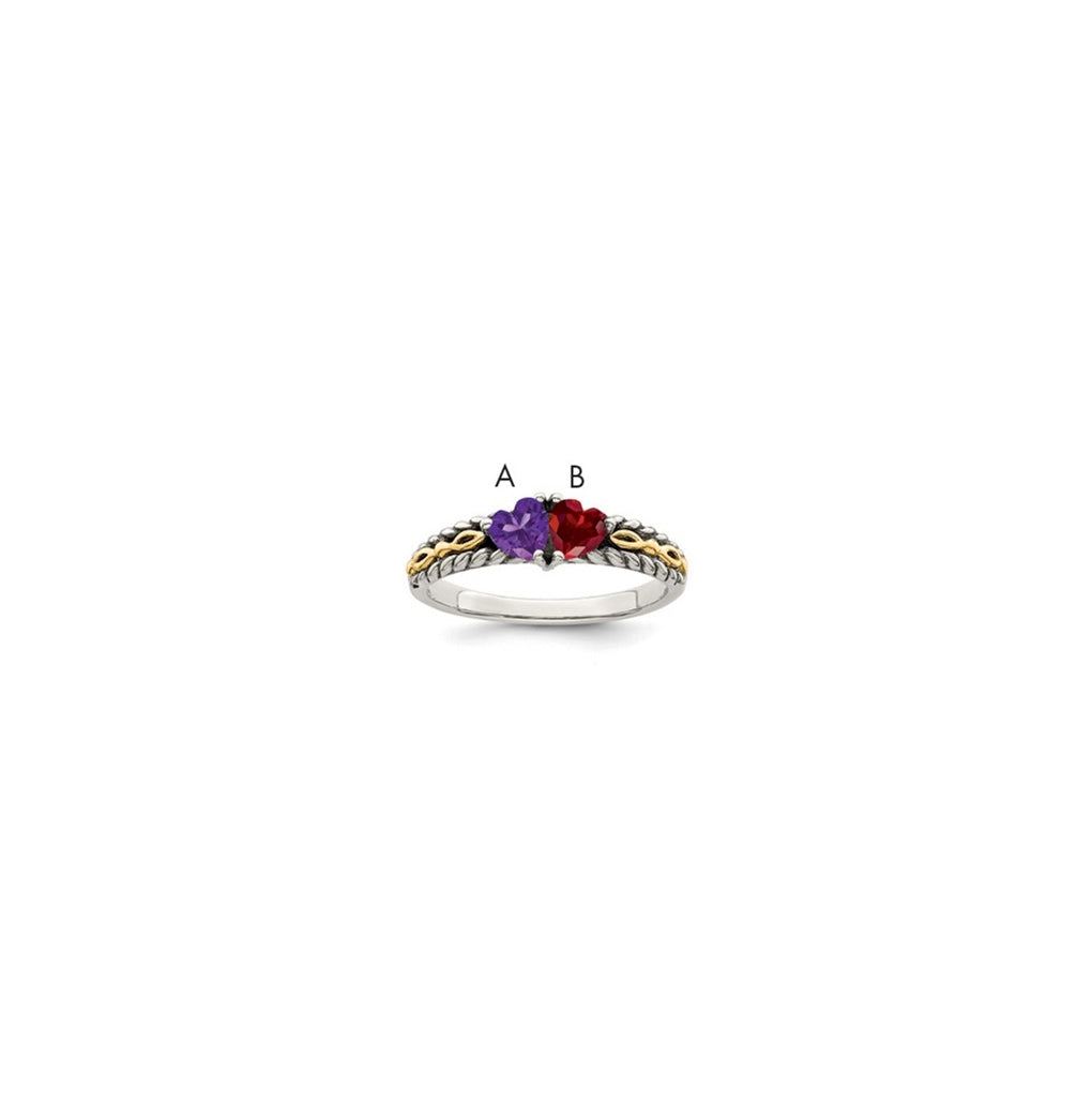 Sterling Silver Antiqued w/14k 2-stone Mother's Ring, Size 8