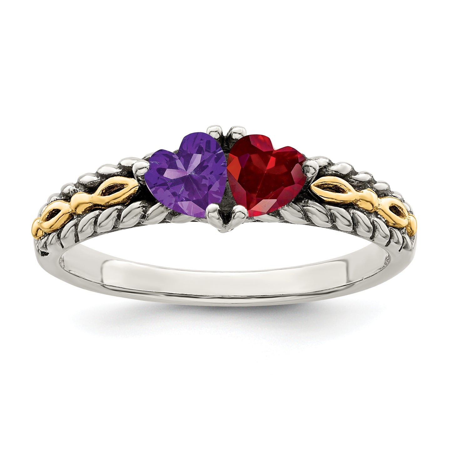 Sterling Silver Antiqued w/14k 2-stone Mother's Ring, Size 7