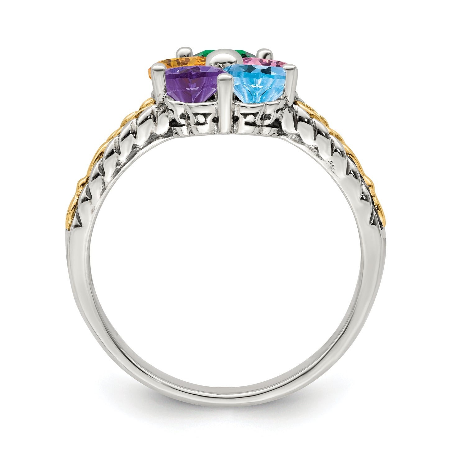 Sterling Silver Antiqued with 14k 5-stone Mother's Ring, Sz 5