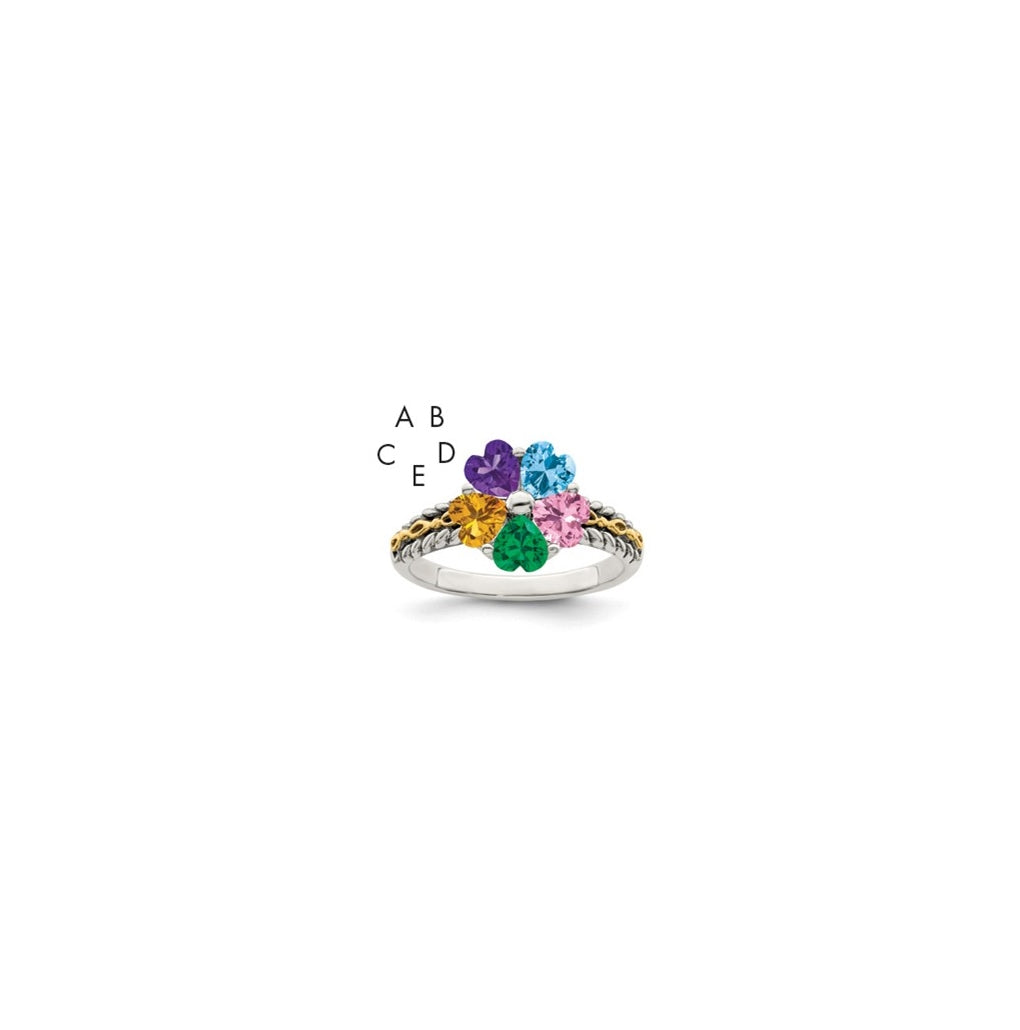 Sterling Silver Antiqued with 14k 5-stone Mother's Ring, Sz 10