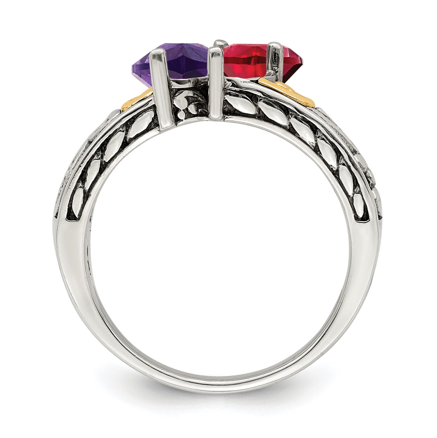 Sterling Silver Antiqued with 14k 2-stone Mother's Ring, Size 7