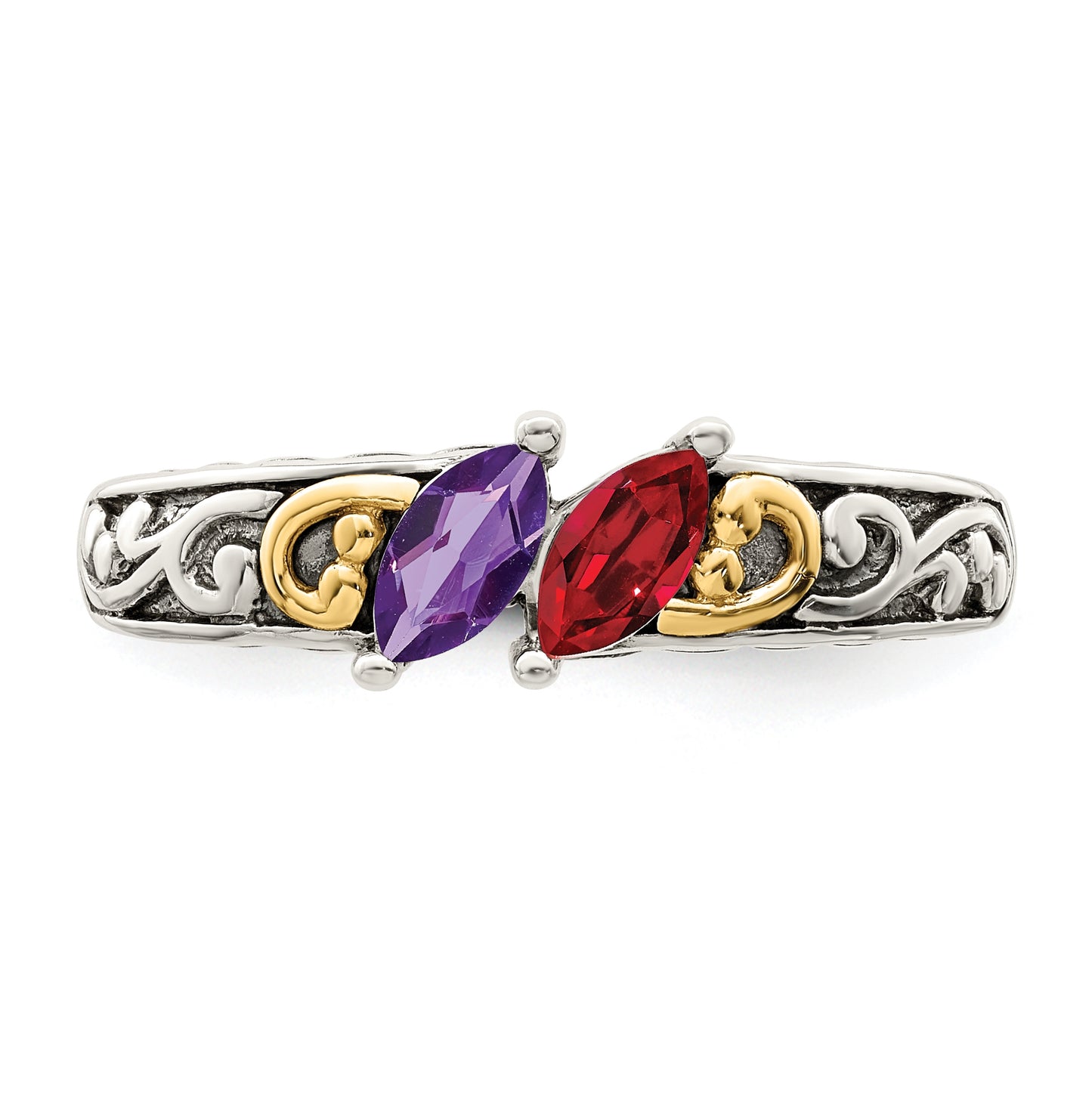 Sterling Silver Antiqued with 14k 2-stone Mother's Ring, Size 8