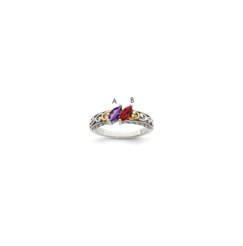 Sterling Silver Antiqued with 14k 2-stone Mother's Ring, Size 8