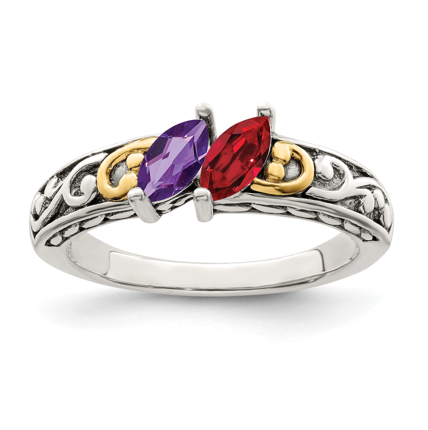 Sterling Silver Antiqued with 14k 2-stone Mother's Ring, Size 9