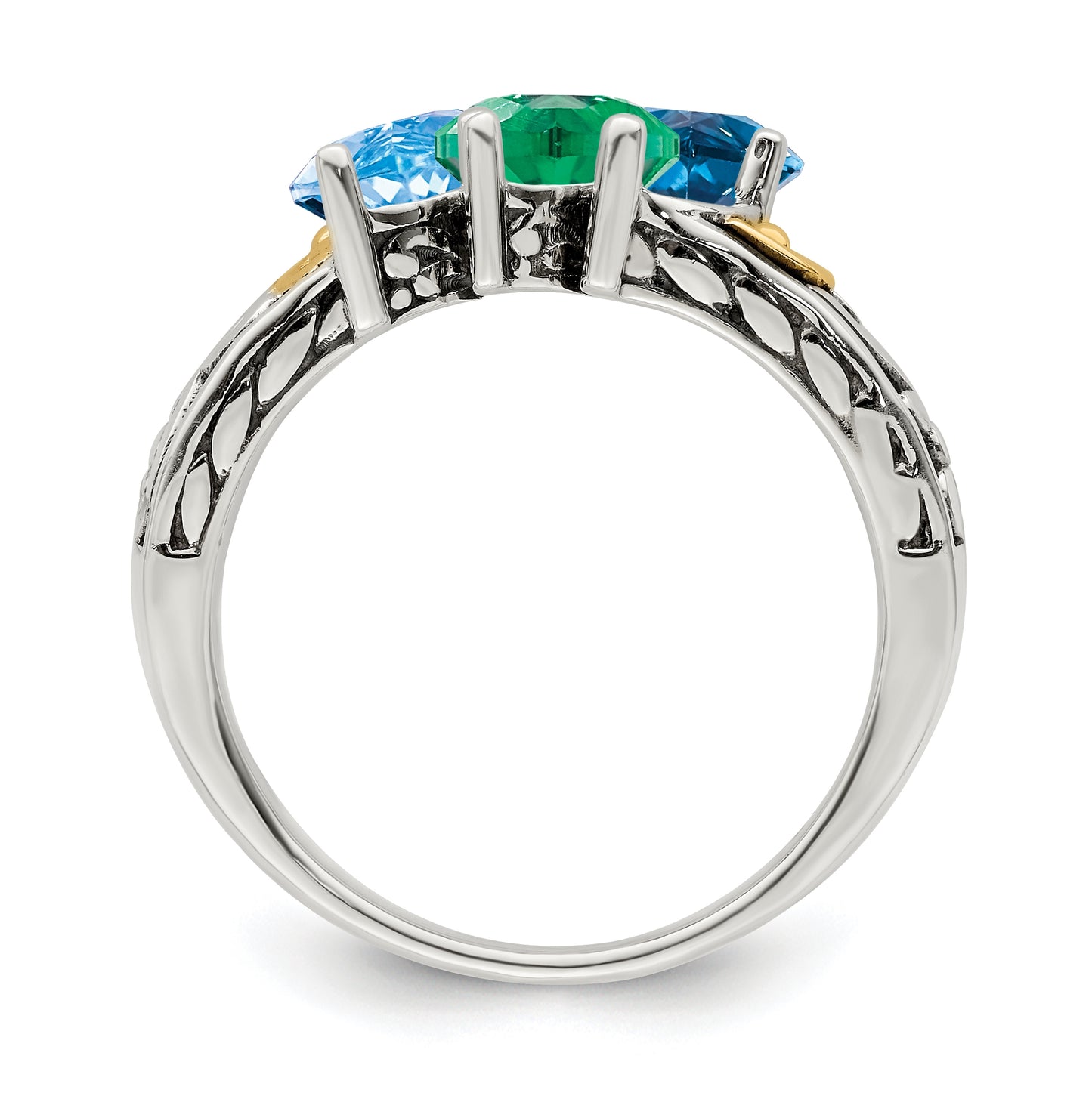 Sterling Silver Antiqued with 14k 3-stone Mother's Ring, Size 7