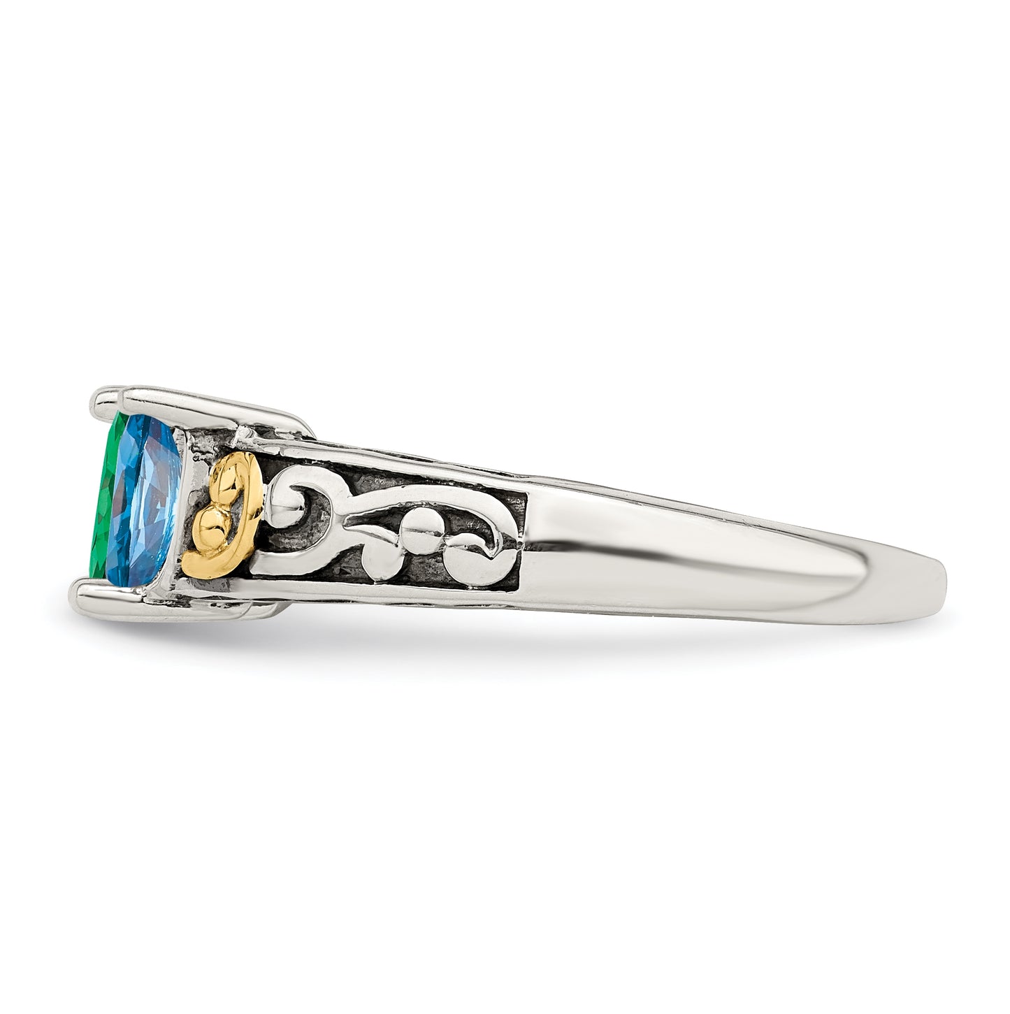 Sterling Silver Antiqued with 14k 3-stone Mother's Ring, Size 9