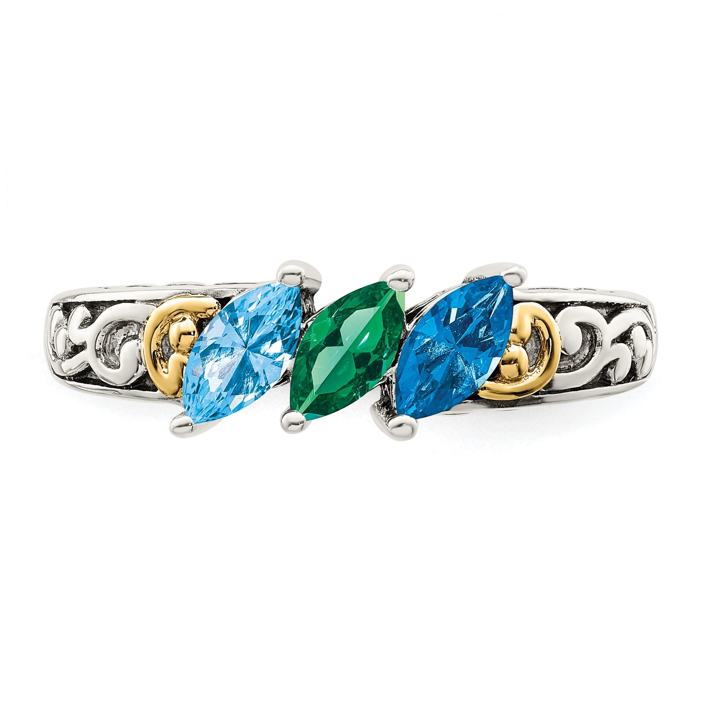 Sterling Silver Antiqued with 14k 3-stone Mother's Ring, Size 6