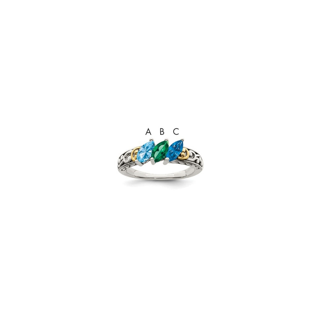 Sterling Silver Antiqued with 14k 3-stone Mother's Ring, Size 7