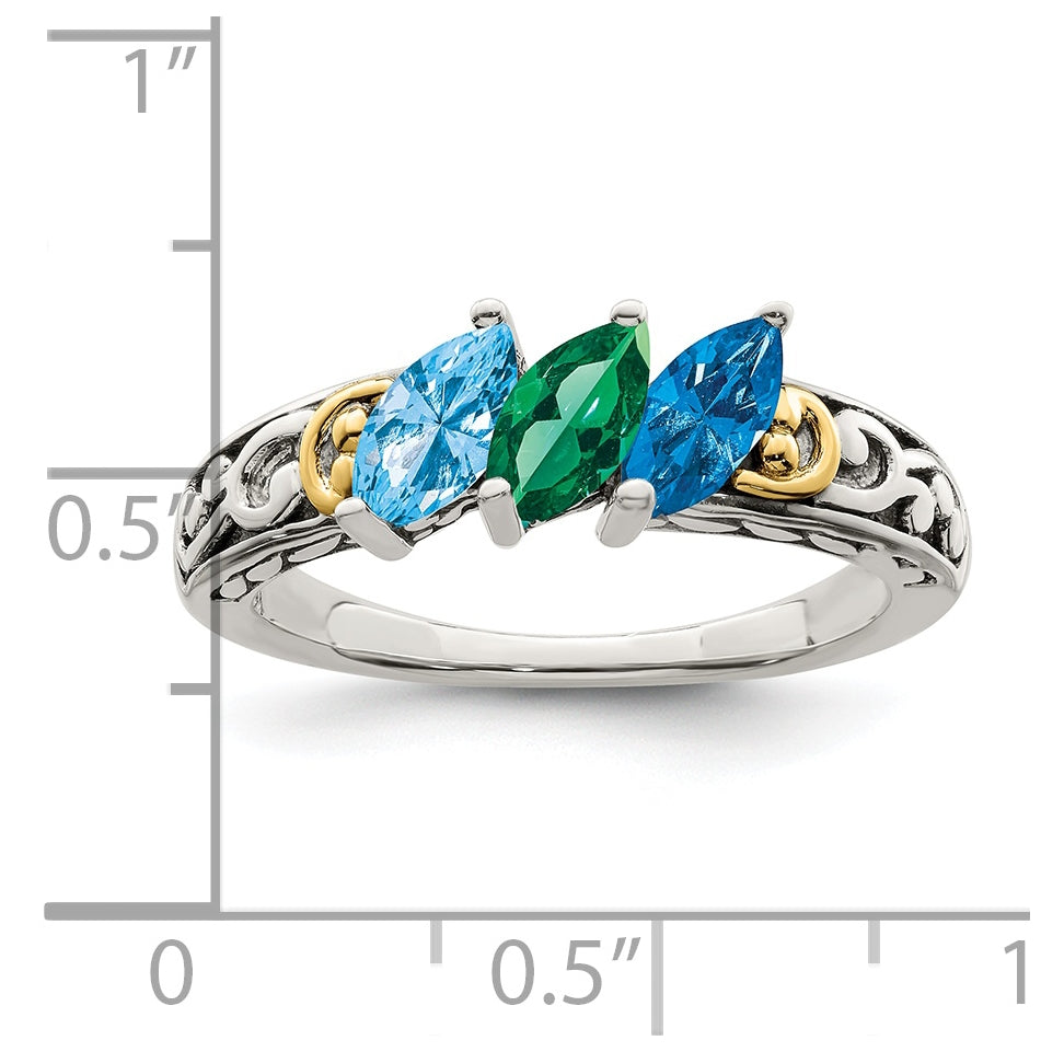 Sterling Silver Antiqued with 14k 3-stone Mother's Ring, Size 5
