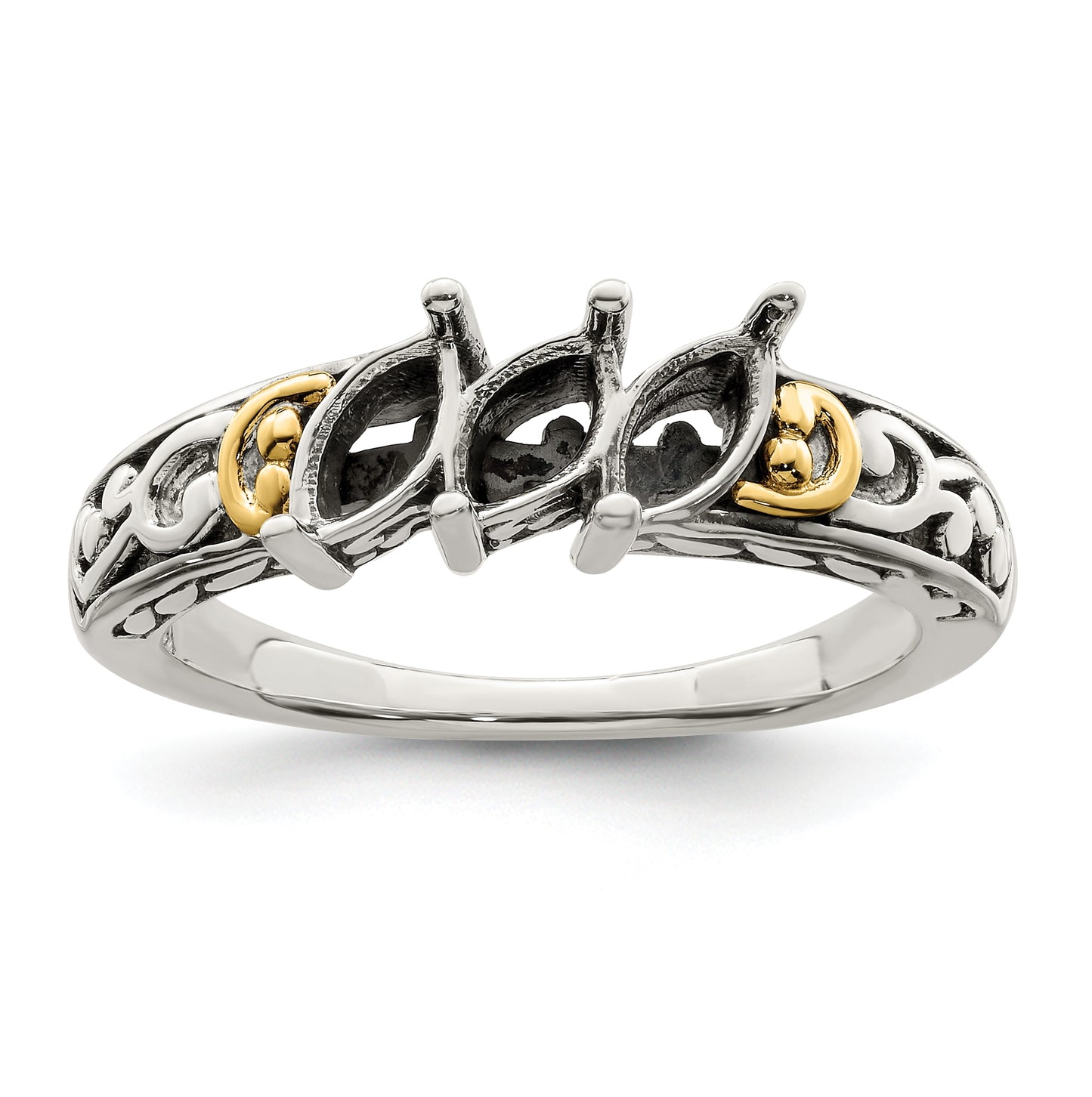 Sterling Silver Antiqued with 14k 3-stone Mother's Ring, Size 7