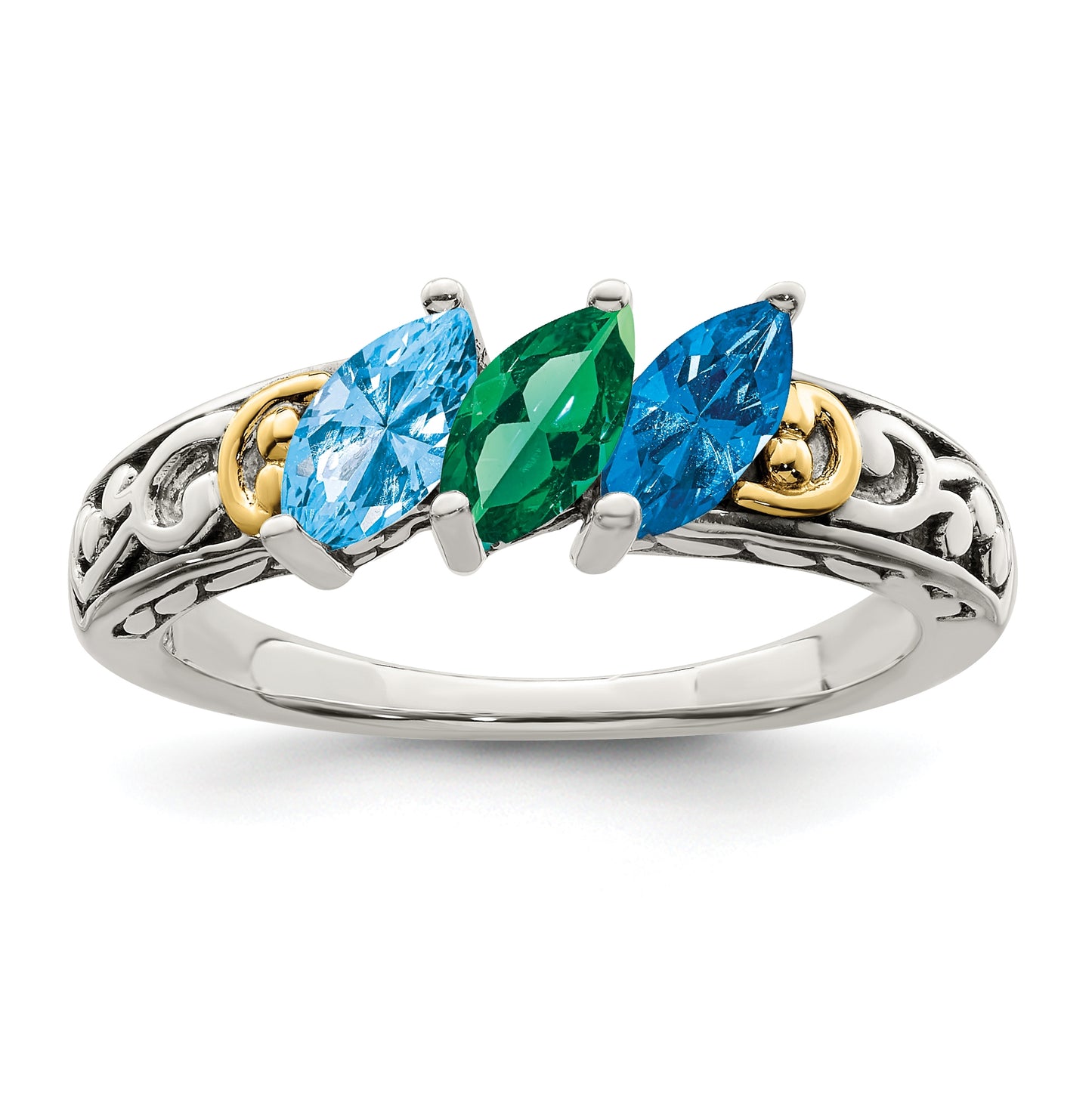 Sterling Silver Antiqued with 14k 3-stone Mother's Ring, Size 9