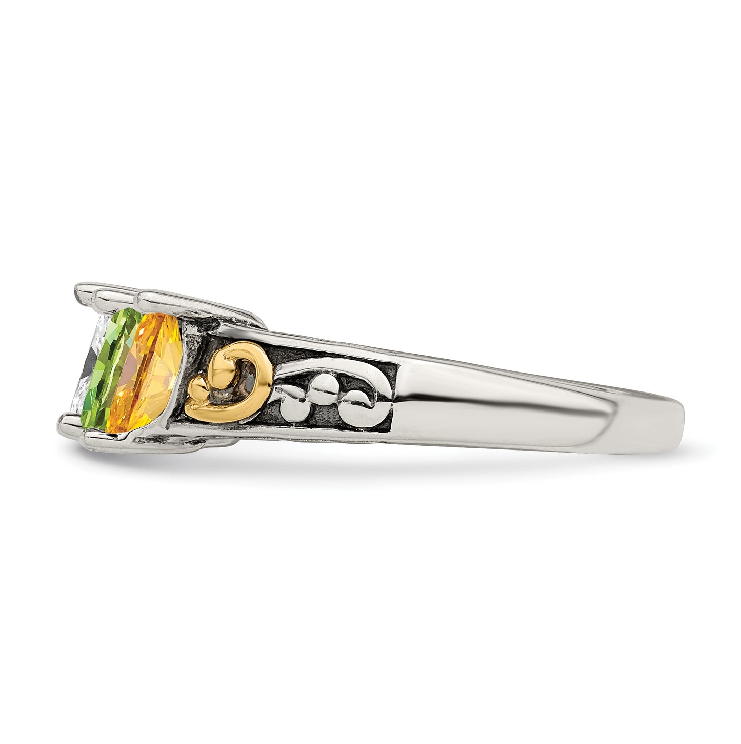 Sterling Silver Antiqued with 14k 4-stone Mother's Ring, Size 6