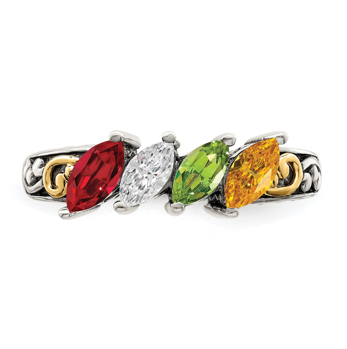 Sterling Silver Antiqued with 14k 4-stone Mother's Ring, Size 6
