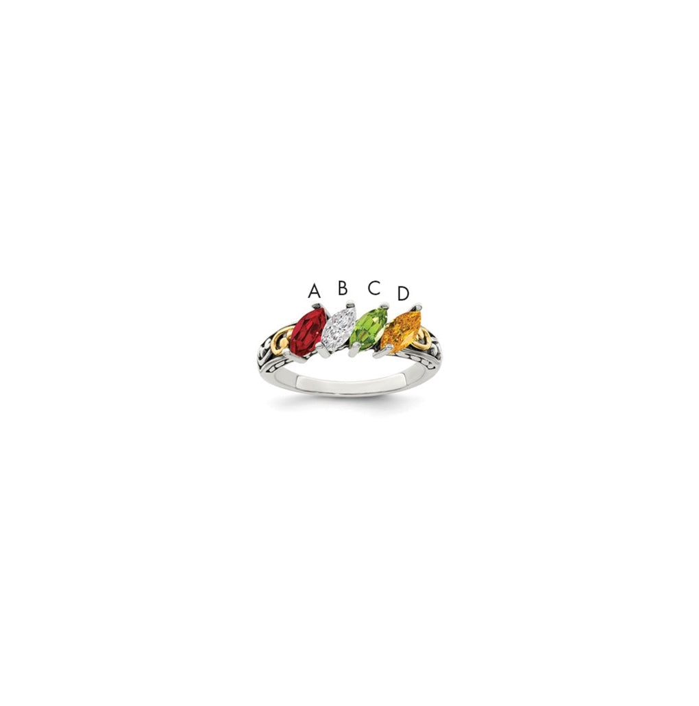 Sterling Silver Antiqued with 14k 4-stone Mother's Ring, Size 7