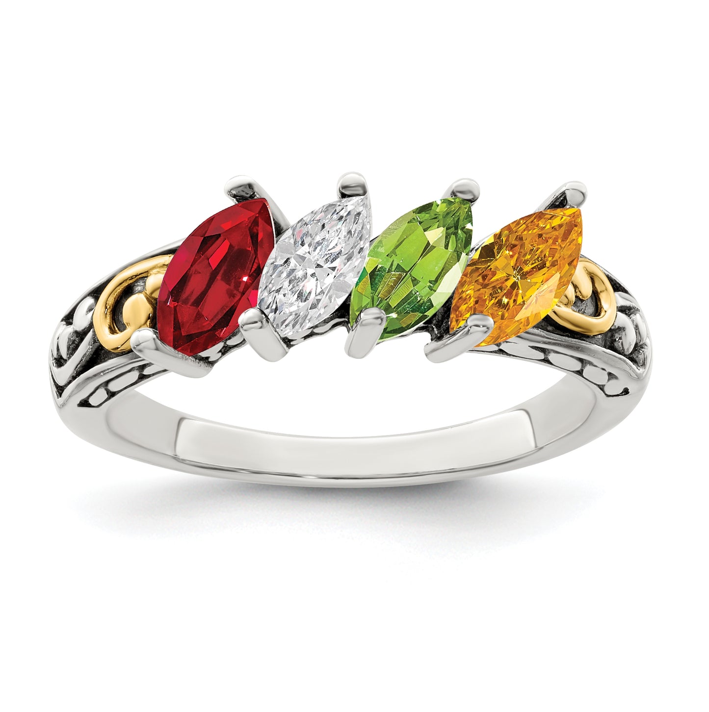 Sterling Silver Antiqued with 14k 4-stone Mother's Ring, Size 7