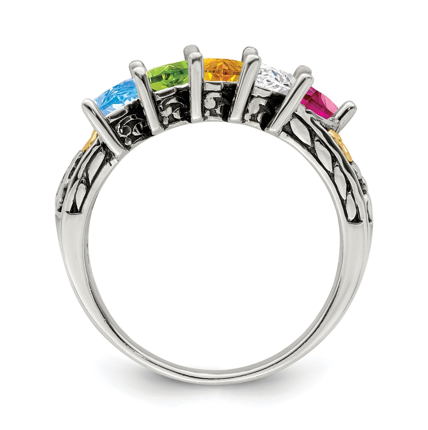 Sterling Silver Antiqued with 14k 5-stone Mother's Ring, Size 6